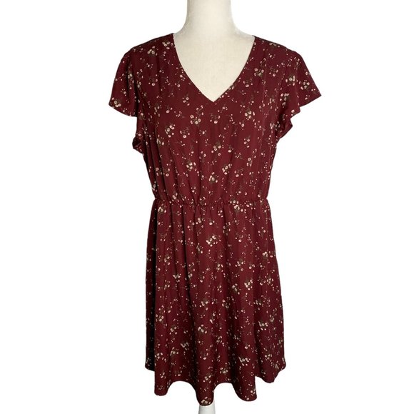 Flutter Sleeve V Neck Swing Dress 1XL Maroon Floral Elastic Waist Knee Length - Picture 1 of 6